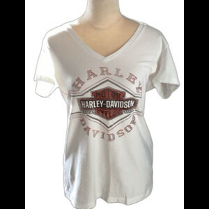 Harley Davidson T-Shirt Women's Size L Color White Motorcycle V-Neck Sequined